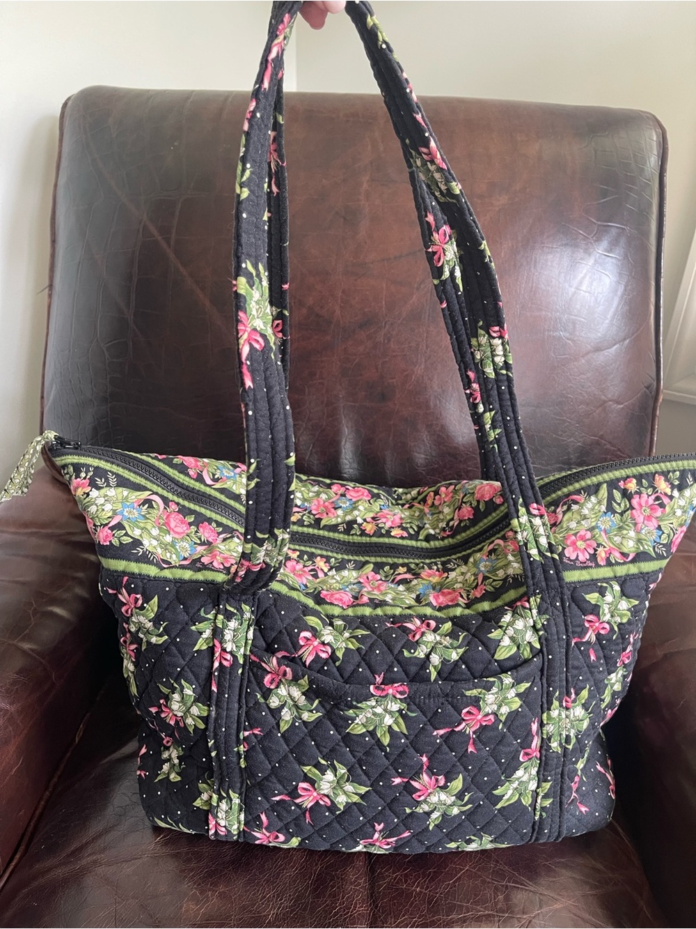 Vera Bradley Black Quilted Floral Miller New Hope Tote with Pink & Green Accents